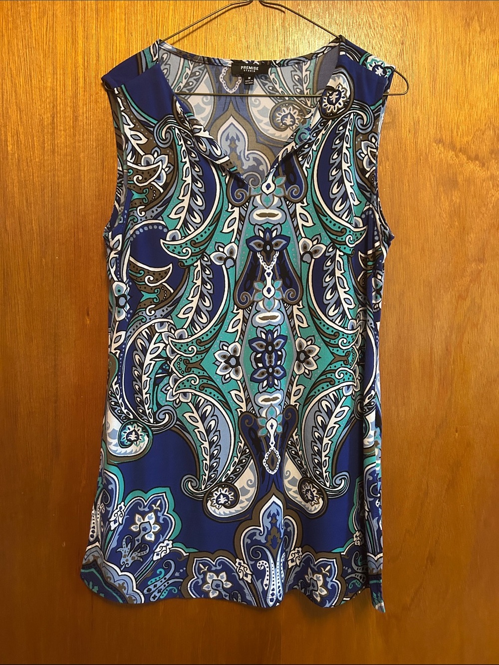 Perceptions Paisley V-Neck Sleeveless Dress- Blue, Teal, White